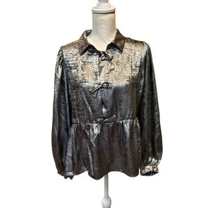 JODIFL Women's Silver Metallic Shimmer Bow Babydoll Top Size‎ Small